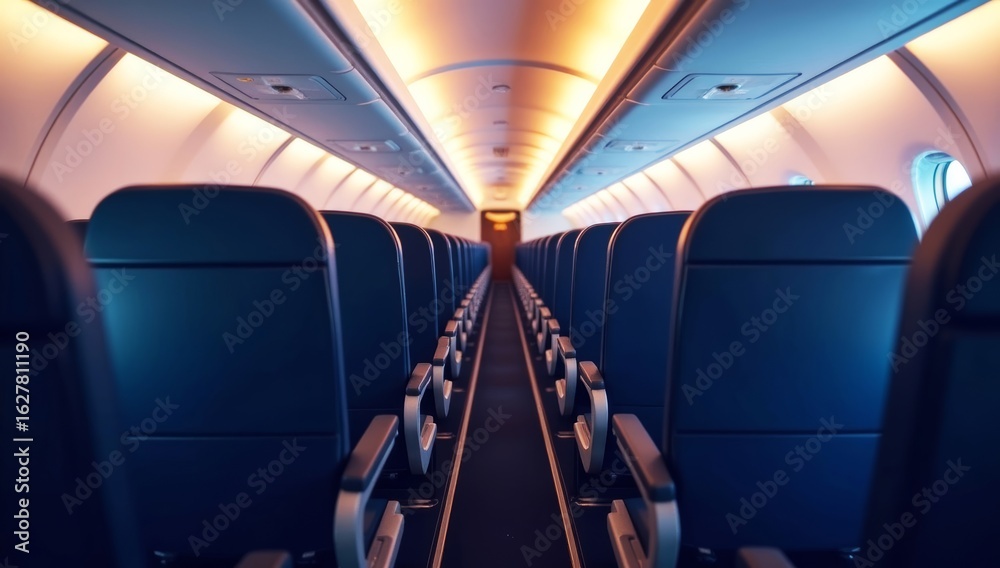Fototapeta premium Inside the empty passenger train, a clean row of seats faces the window, ready for travel, Spacious interior design highlights modern air travel comfort.
