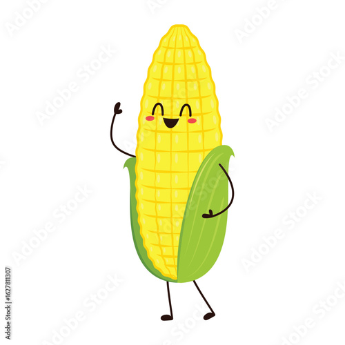 Corn cartoon vector. Cute vegetable vector character isolated on white. Corn mascot.