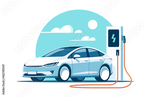 Electric car at charging station. Vector illustration in minimalist style.
