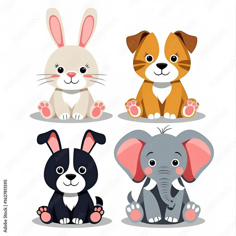Fototapeta premium Charming set of four different plush animals sitting in a row. A collection of cute, soft stuffed toys including a bunny, dog, elephant, and teddy bear. Isolated 3D illustration on white