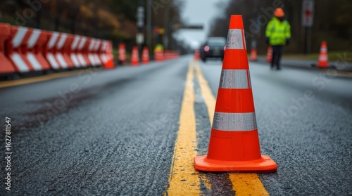 Construction zone setup on city road Orange cones act as a safety barrier on the street, directing traffic and warning drivers of construction work ahead.