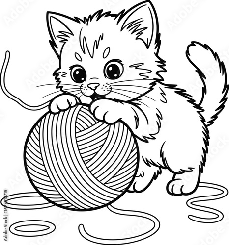 Fluffy kitten playing with a ball of yarn animal cute