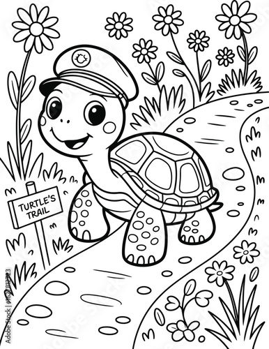 Cartoon turtle in a hat on a path with flowers tortoise
