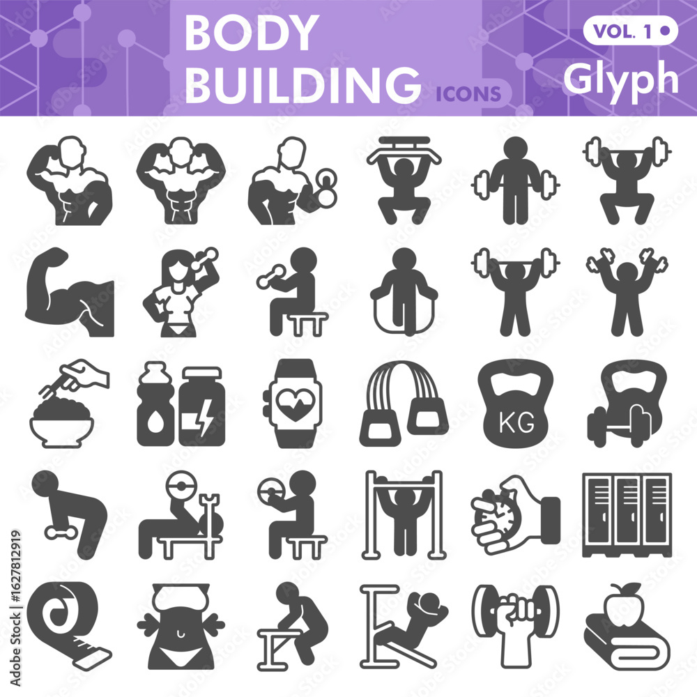 Body building symbols collection or sketches, strong men theme in glyph style signs for web and app. Vector graphics isolated on white background.