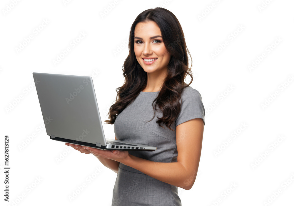 Fototapeta premium Young woman holding laptop isolated on transparent background