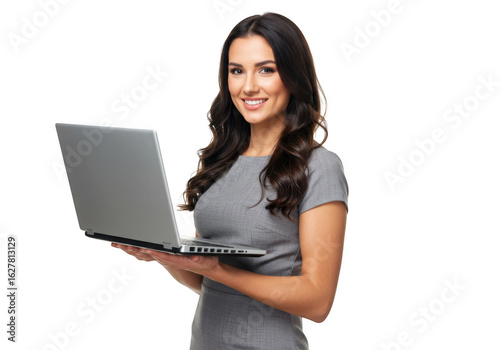 Young woman holding laptop isolated on transparent background