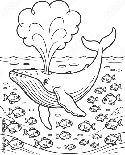 Whale spouting water surrounded by small fish ocean