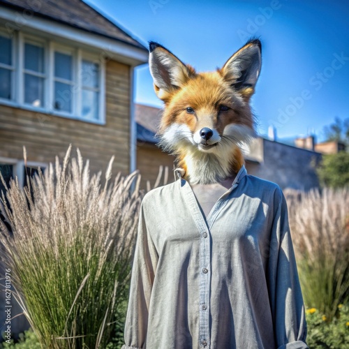 Person wearing a fox mask standing outdoors near a house  