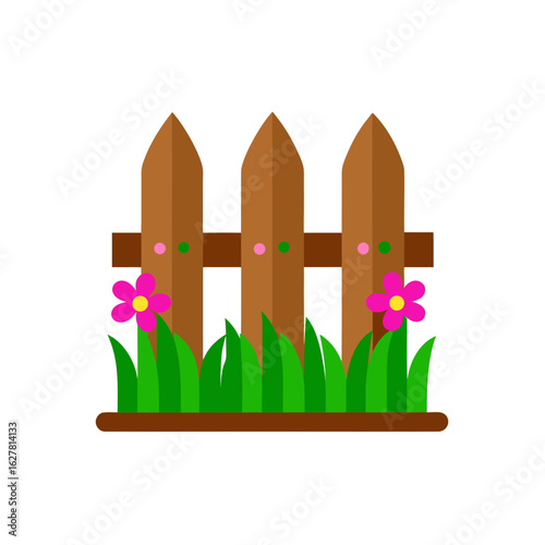 Wooden picket fence with grass and flowers isolated on transparent background