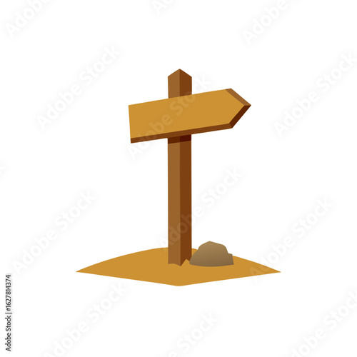 Wooden directional signpost with a rock and sand isolated on transparent background