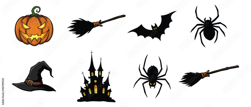 Fototapeta premium Vector art of halloween icons including pumpkin, witch hat, broom, bat, spider, and castle isolated on white background