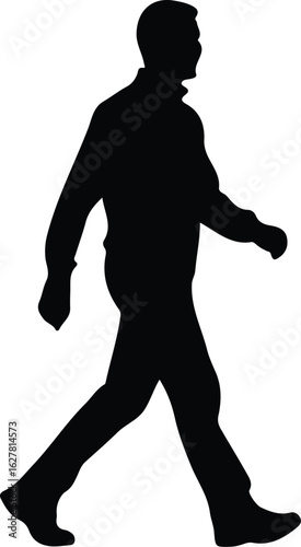 A silhouette of a man walking to the right against a white background