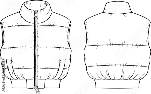 CAD Drawing Flat Vector Illustration, Puffer Vest Front and Back View, Fashion Design Sketch, Technical Garment Template, Winter Outerwear