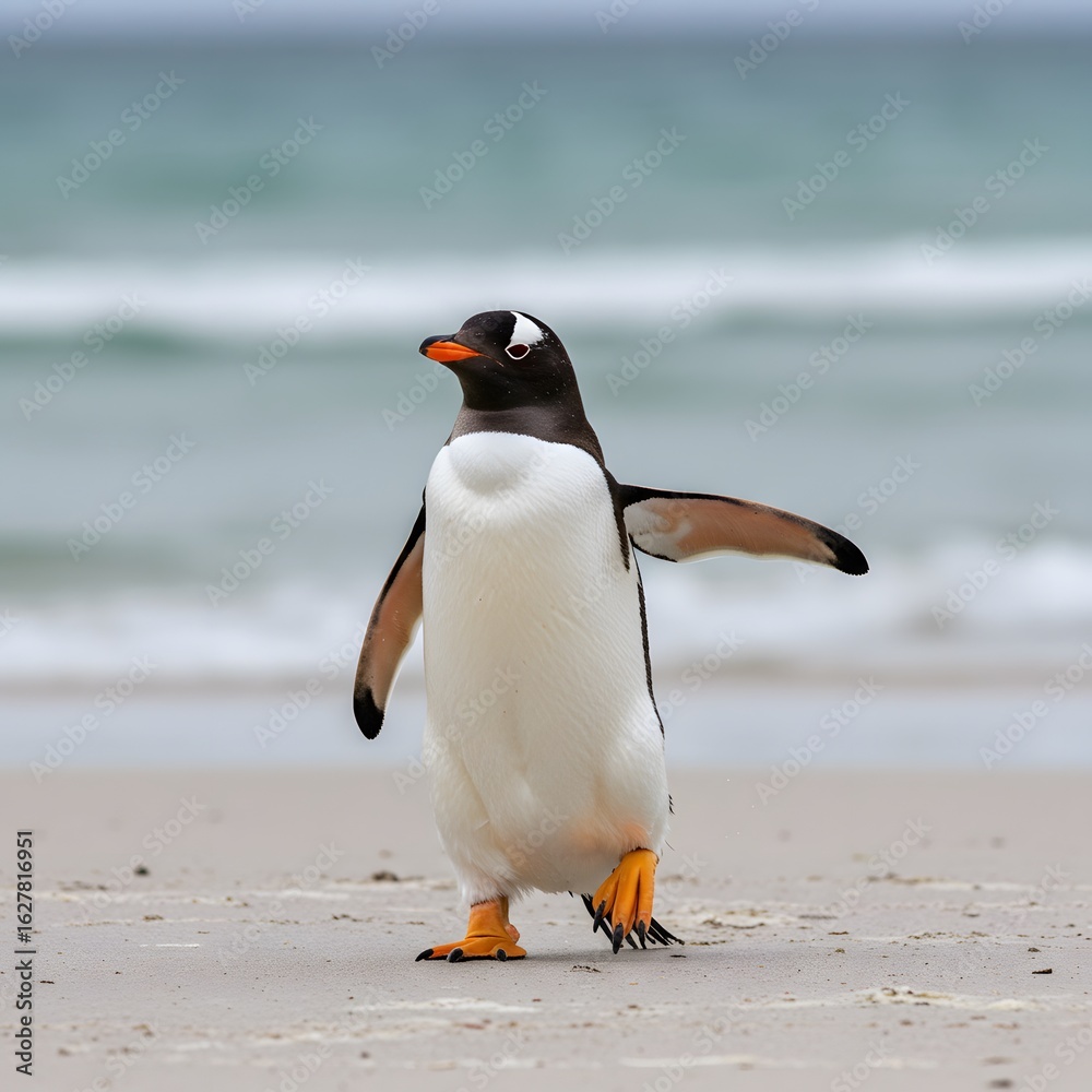 Naklejka premium a Gentoo penguin standing on a sandy beach, wings outstretched and one leg raised. penguin has a black head, white belly,King Penguin Aptenodytes patagonicus Chicks in Creche in the rain. 