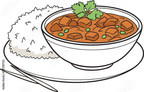 Chicken Tikka Masala Curry Dish Illustration in Bowl. Authentic Yellow Curry Dish Clipart with Spices and Garnish. Delicious Indian Curry Plate with Rice and Herbs Design. Spicy Thai Yellow Curry Food
