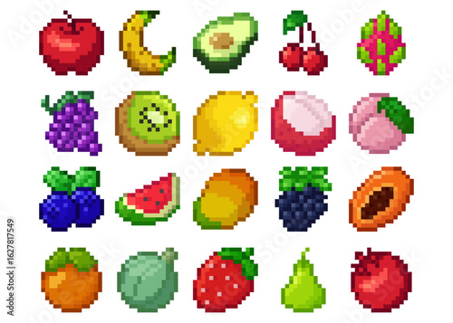 Fruit Item Pack 16x16 16px Pixel Art for Game Developer dan Design. Contains Apple, Avocado, Banana, Blackberry, Blueberry, Cherry, Dragon Fruit, Grape, Kiwi, Lemon, Lychee, Mango, Melon, etc
