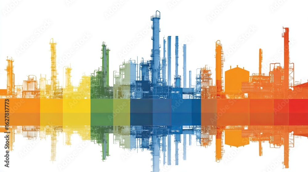 Obraz premium Colorful Industrial Skyline with Reflection