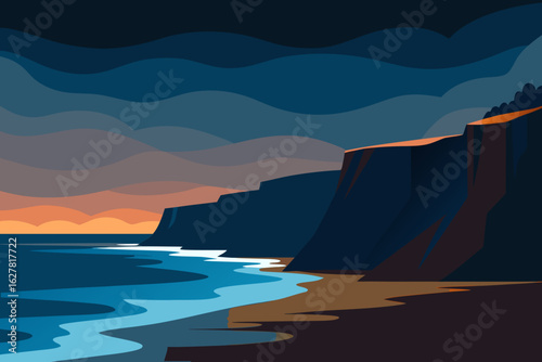 Dramatic coastal cliffs meet the ocean under a moody colorful twilight sky
