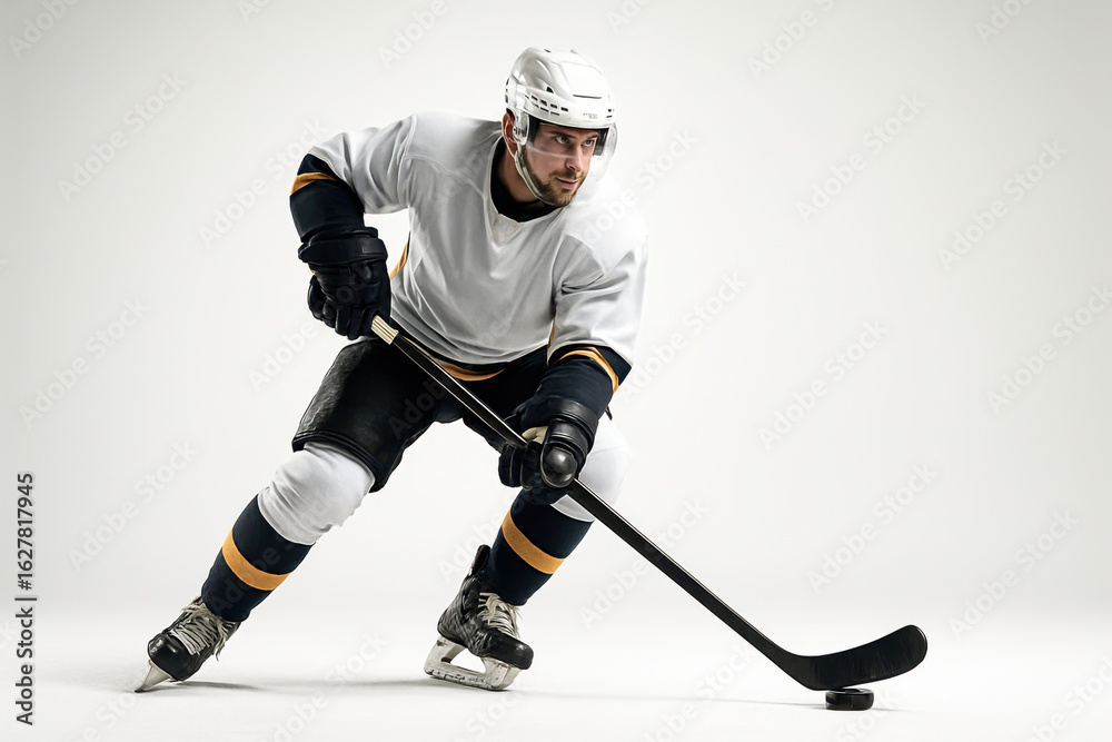 Obraz premium Photorealistic full-body male ice hockey player skating with puck and stick, isolated on white. Concept of winter sport, strength and reflex, athlete branding, speed in motion.