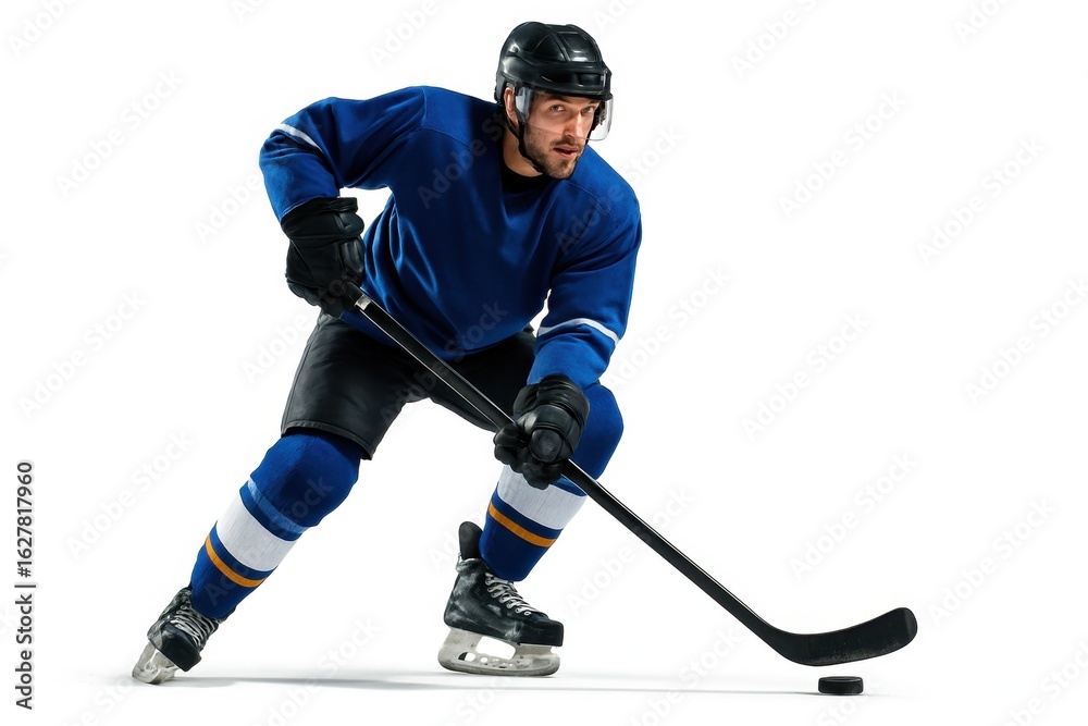 Obraz premium Photorealistic full-body male ice hockey player skating with puck and stick, isolated on white. Concept of winter sport, strength and reflex, athlete branding, speed in motion.