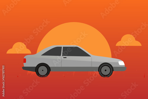 Flat design illustration of a silver car parked in a field at sunset
