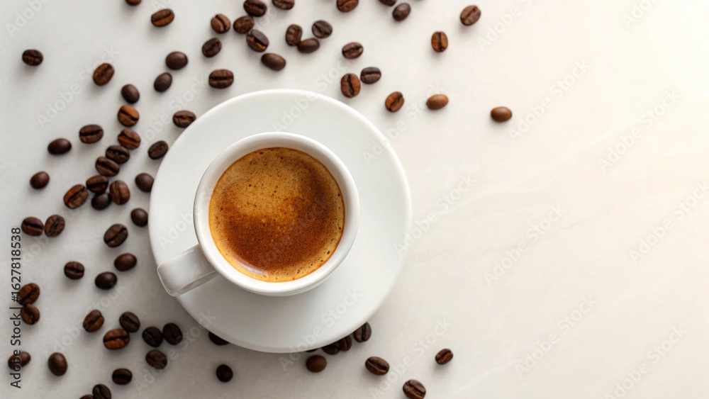 Fototapeta premium Coffee Cup with Beans – Espresso, Morning, Caffeine, Beverage, Aroma, Energy, Coffee Break, Cafe, Warm, Delicious