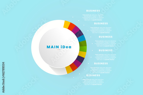 A circular infographic presents a segmented ring design with color-coded slices surrounding used for Infographic template of powerpoint