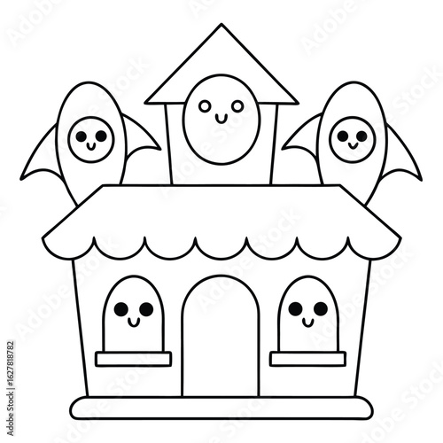 Playful cartoon rocket ship building with ghost characters and a smiling face in a line drawing cute