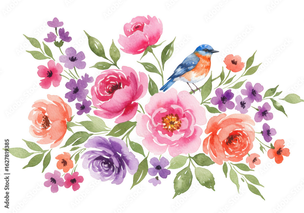 Naklejka premium Watercolor painting of a bluebird perched on a floral arrangement of pink, purple, and orange roses and peonies isolated on transparent background