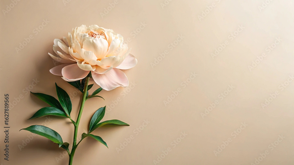 Fototapeta premium Beige Background with Peony Flower – Elegant, Floral, Minimal, Nature, Soft, Delicate, Bloom, Beauty, Pastel, Petals