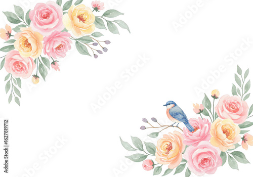 Fototapeta Naklejka Na Ścianę i Meble -  Watercolor painting of a bluebird with pink and yellow roses and peonies in two corners isolated on transparent background