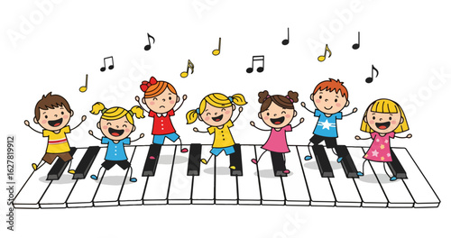 Happy Kids Playing on Piano Keys with Musical Notes – Cartoon Vector