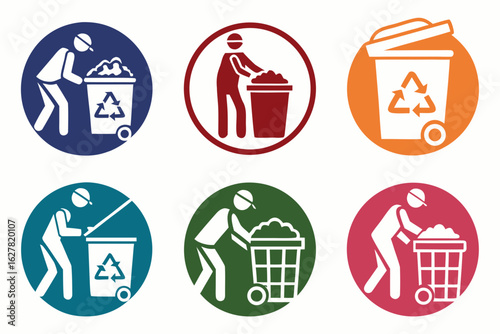 Set of icons representing people disposing of waste and recycling