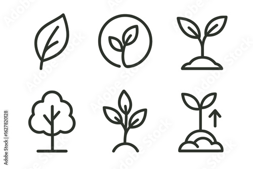 Minimalist plant icon set featuring leaves trees and seedlings
