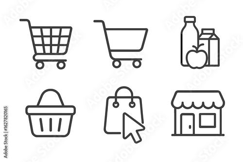 Shopping cart and store icons for online retail and grocery concepts