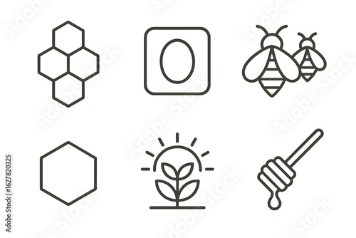 Minimalistic honey and bee icons featuring beehive, bees, and honey dipper