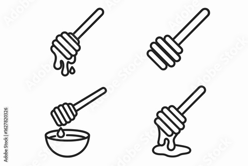Honey dripper sticks with bowl: line art illustrations of sweetness