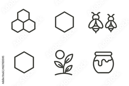 Honey production icons: bees, honeycomb, beehive, plant, honey pot, hexagon shapes