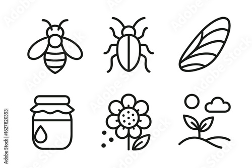 Black and white nature icons: bee, insect, wing, honey jar, flower, sprout