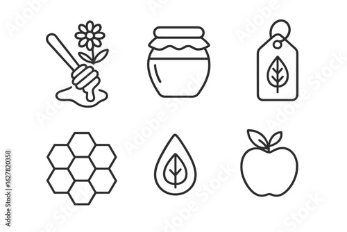 Organic honey icons: jar, dip, hexagon, leaf, apple, tag