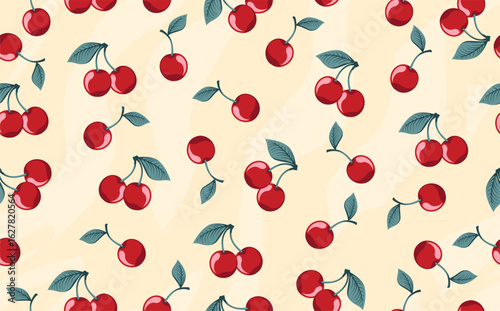 red cherry seamless pattern with green leaves background flat vector template design illustration