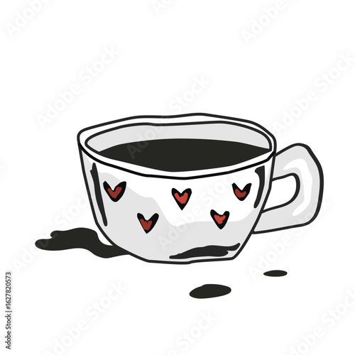 Black coffee cup icon in hand drawn style. Craft ceramic mug decorated with hearts. Doodle pretty coffee mug with spoiled coffee. Vector isolated illustration