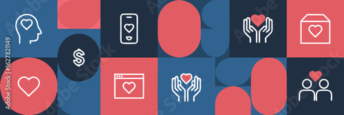 Abstract Featuring Hearts, Hands, Dollar Sign, Technology, and People on Geometric Shapes