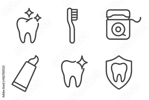 Dental care icons: toothbrush, toothpaste, floss, sparkling tooth, shield protection