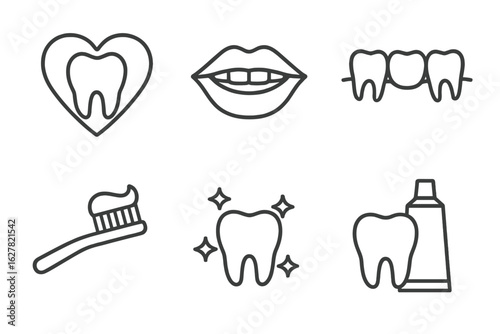 Dental care icons featuring toothbrush, toothpaste, and smiling lips in simple line art design