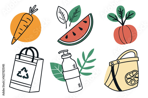 Healthy food and ecofriendly items collection, isolated on white background