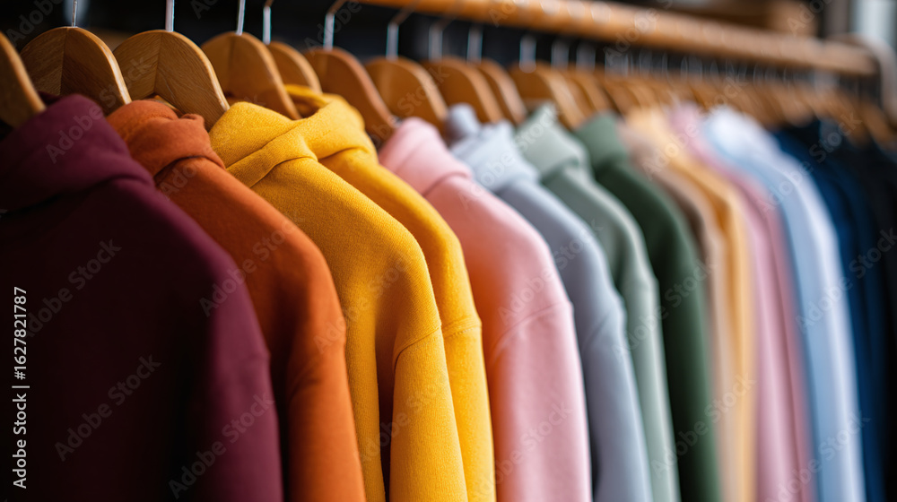 custom made wallpaper toronto digitalColorful apparel display: A spectrum of hoodies and sweaters hanging neatly. A vibrant retail selection, perfect for fashion and textile concepts.