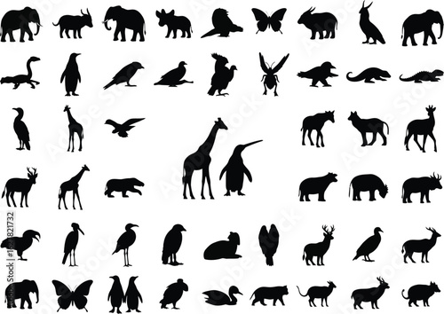 Collection of diverse animal silhouettes in various poses and sizes displayed in a grid format on a white background