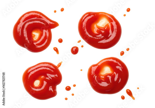 Four blobs of red ketchup sauce with droplets isolated on a transparent background