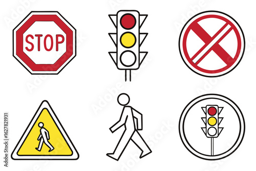 Collection of traffic signs and signals isolated on white background